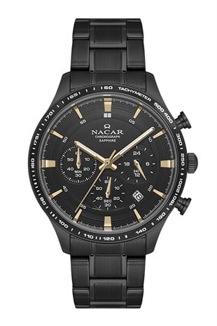 Nacar Siyah Çelik Kasa Kordon Safir Cam Kronometreli  Erkek Kol Saati NC31-299354-BBBM