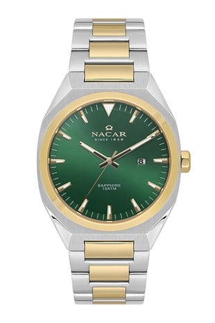 Nacar Klasik Çelik Yeşil Kadran Tasarımlı Kasa Altın Gold Gümüş Çift Renk Safir Cam Takvimli Erkek Kol Saati  NC08-29430737-CNM