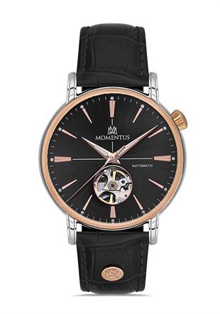 Momentus Siyah Deri Kordon Rose Gold Otomatik Erkek Kol Saati