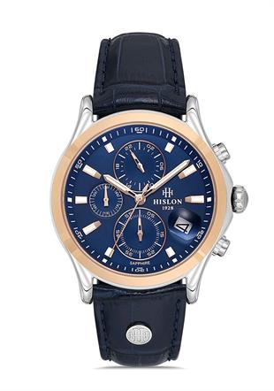 Hislon Spor Kronometreli Lacivert Kadran Safir Cam Lacivert Deri Erkek Kol Saati MS201T-11MR