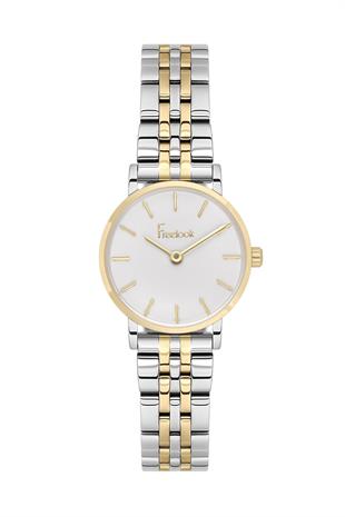 Freelook Sade Klasik Gümüş Altın Gold Çift Renk Çelik Beyaz Kadran Kadın Kol Saati FL.4.10034-3