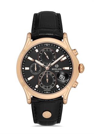 Hislon Spor Kronometreli Siyah Kadran Safir Cam Siyah Deri Erkek Kol Saati MS201R-04BR