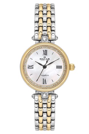 Nacar Anneler Gününe Özel Üretilmi Çift Renk Çelik Beyaz Kadran Safir Cam Kadın Kol Saati NC34-39B868-CWMS