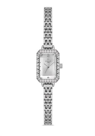 Hislon Metal Minik Kare Beyaz Kadran Taşlı Klasik Kadın Kol Saati QL194S-02SS