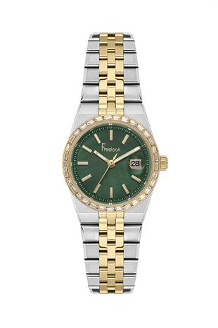 Freelook Çelik Altın Gold Gümüş Çift Renk Renk Yeşil Takvimli Taşlı Kasa Kadın Kol Saati FL.4.10033-5