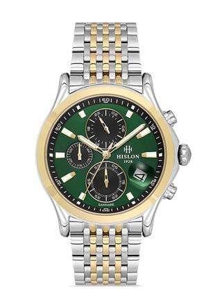 Hislon Spor Metal Çelik Gümüş Altın Çift Renk Yeşil Kadran Safir Cam Kronometreli Erkek Kol Saati MS201T-15SG