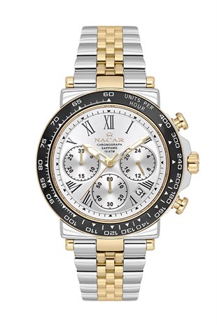 Nacar Çelik Gümüş Altın Renk Kronometreli Safir Cam Beyaz Kadran Spor Erkek Kol SaatiNC34-29B843-CSBM