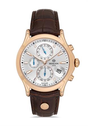 Hislon Spor Kronometreli Beyaz Kadran Safir Cam Kahverengi Deri Erkek Kol Saati MS201R-02KR