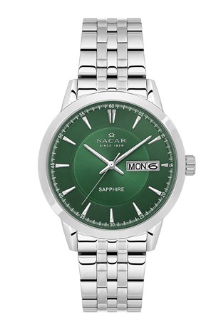 Nacar Çelik Gümüş Renk Yuvarlak Kasa Safir Cam  Yeşil Kadran Klasik Damatlık Erkek Kol SaatiNC31-294740-ANM