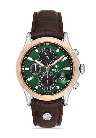 Hislon Spor Kronometreli Yeşil Kadran Safir Cam Kahverengi Deri Erkek Kol Saati MS201T-15KR