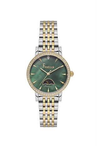 Freelook Altın Gold Renk Metal Kasa Diamond Taşlı Özel Seri Yeşil Kadran Kadın Kol Saati FL.1.10530-4