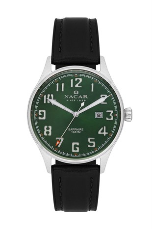 Nacar Hakiki Deri  Silikon Klasik Yeşil Rakamlı Kadran Safir Cam Erkek Kol Saati NC08-29430617-ANL1