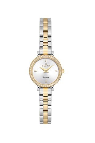Nacar Klasik Altın Gold Gümüş Çift Renk Metal Safir Cam Gri  Kadran Sade Kadın Kol SaatiNC08-39890196-CSMS