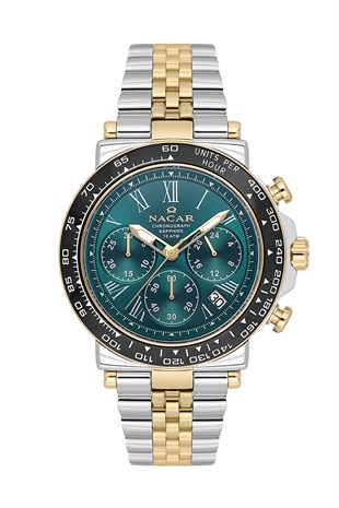 Nacar Çelik Gümüş Altın Renk Kronometreli Safir Cam Yeşil  Kadran Spor Erkek Kol Saati NC34-29B843-CNBM