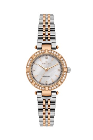 Nacar Klasik Rose Gold Gümüş Çift Renk Taşlı Kasa Safir Cam Kadın Kol Saati NC34-39B690-ESMS