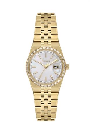 Freelook Çelik Altın Gold Renk Beyaz takvimli Taşlı Kasa Kadın Kol Saati FL.4.10033-2