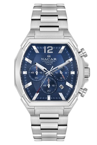 Nacar Çelik Gümüş Renk Kare Kasa Safir Cam Lacivert Kadran Kronometreli Erkek Kol Saati NC08-29430744-ALM