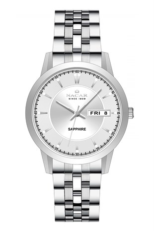 Nacar Klasik Çelik Kordon Yuvarlak Kasa Beyaz Kadran Safir Cam Erkek Kol Saati NC31-294740-ASM