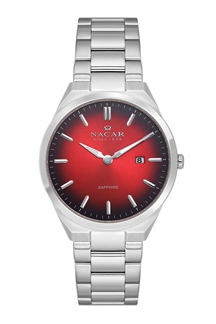 Nacar Çelik Ultra İnce Safir Cam Klasik Kırmızı Kadran Takvimli Erkek Kol Saati NC08-29420737-ARM