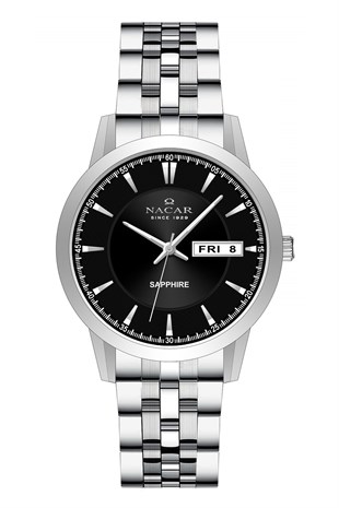 Nacar Çelik Gümüş Renk Yuvarlak Siyah Kasa Safir Cam Klasik Damatlık Erkek Kol Saati NC31-294740-ABM