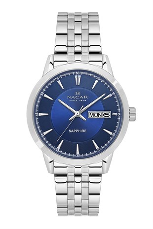 Nacar Klasik Çelik Yuvarlak Kasa Safir Cam Lacivert  Kadran Takvimli Erkek Kol Saati NC31-294740-ALM