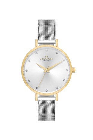 Nacar Gümüş Hasır Kordon Gold Kasa Beyaz Kadran Safir Cam Kadın Kol Saati NC17-3920718-CSMS