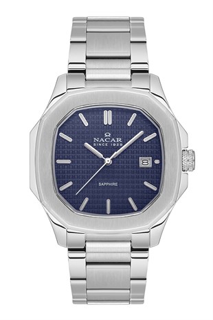 Nacar Tasarımlı Kare Kasa Safir Cam Metal Klasik Lacivert Kadran Erkek Kol Saati NC08-291044-ALM