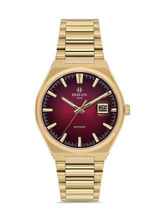 Hislon Klasik Safir Cam Metal Altın Gold Renk Kasa Kordon Kırmızı Tasarımlı Renk Kadran Erkek Kol Saati CL222G-14SG