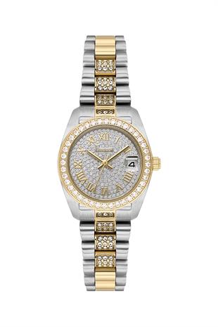 Freelook Taşlı Kasa Kordon Çift Altın Gold Gümüş Renk Takvimli Kadın Kol Saati FL.4.10023-2