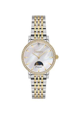 Freelook Gümüş Altın Gold Çift Renk Metal  Taşlı Kasa  Diamond Taşlı Özel Seri Kayan Kol Saati FL.1.10530-3