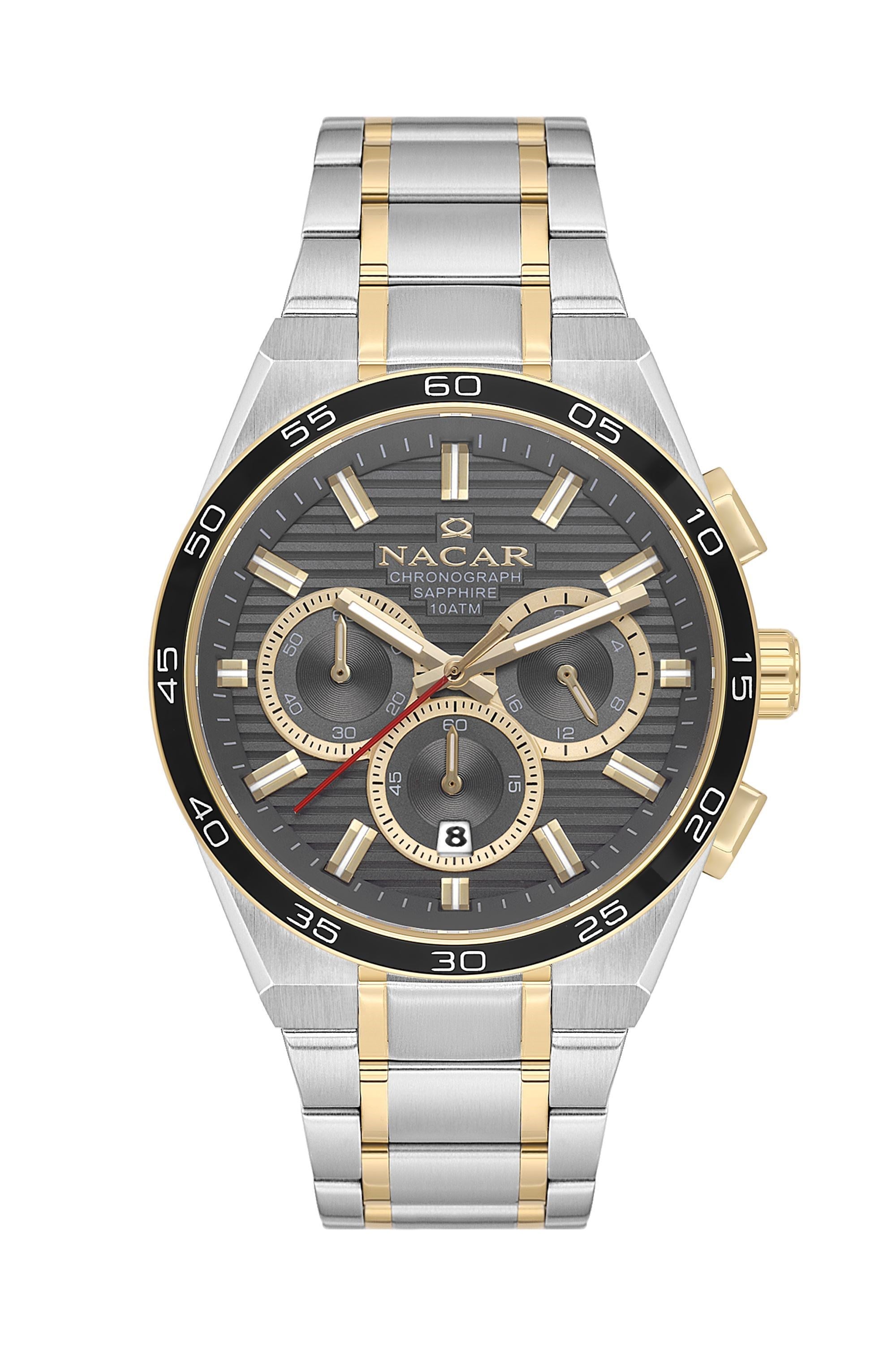 Nacar Çelik Altın Gümüş Renk Kasa Kordon Yuvarlak Siyah Kadran Safir Cam Kronometreli Spor Erkek Kol Saati NC08-29420704-CGM