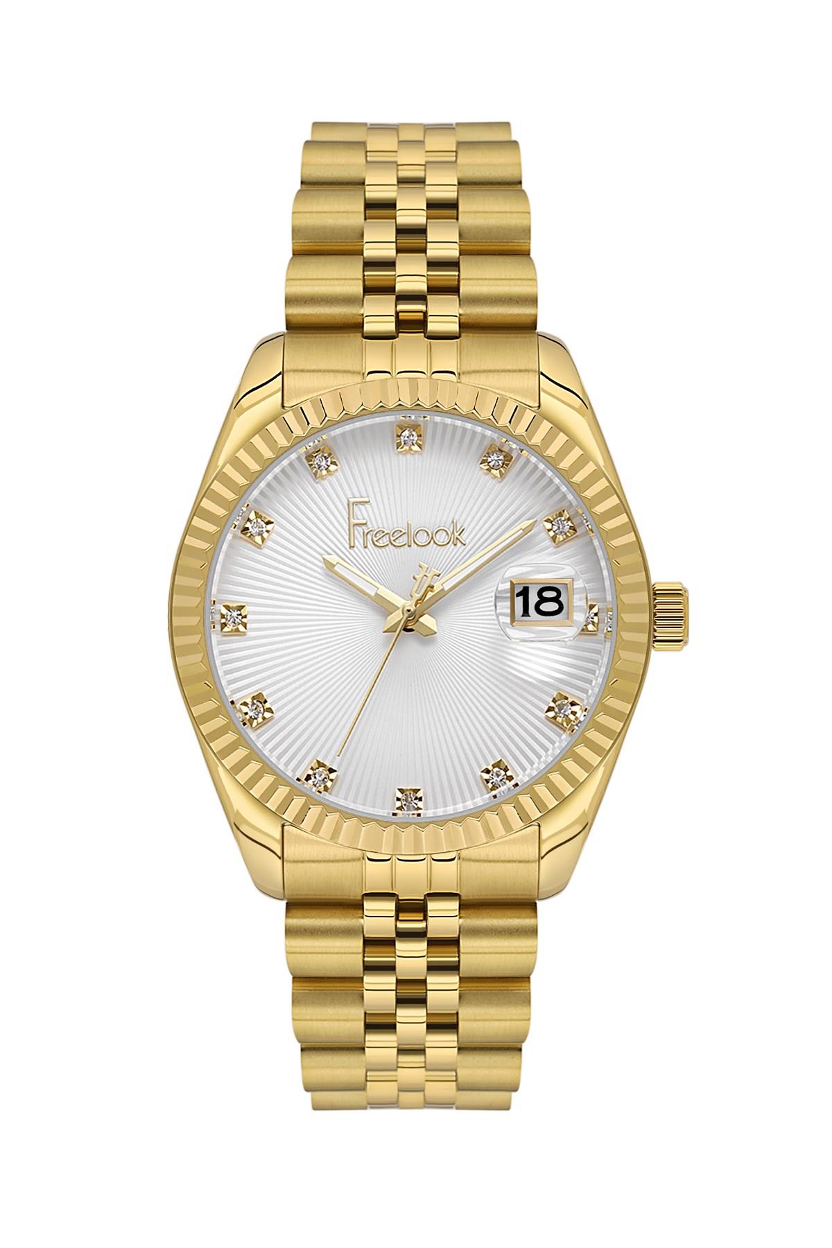 Freelook Spor Kasa Takvimli Altın Gold Renk Beyaz Taşlı Kadran Kadın Kol Saati FL.1.10514-2