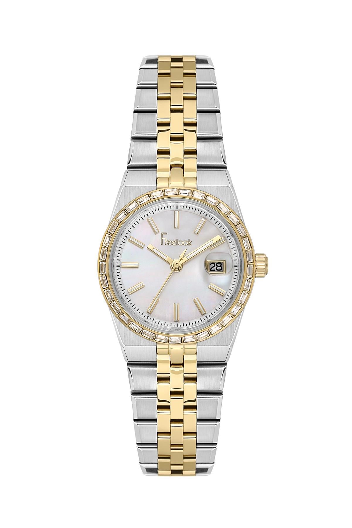 Freelook Çelik Altın Gold Gümüş Çift Renk Renk Beyaz Takvimli Taşlı Kasa Kadın Kol Saati FL.4.10033-4