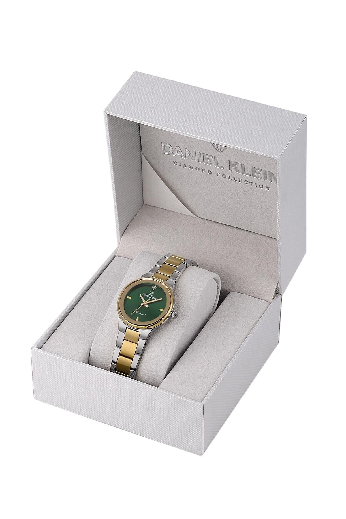 Daniel Klein Premıum Yuvarlak Gold Gümüş Renk Dıamond Collectıon Metal Yeşil Kadran Kadın Kol Saati DK.1.14136.4
