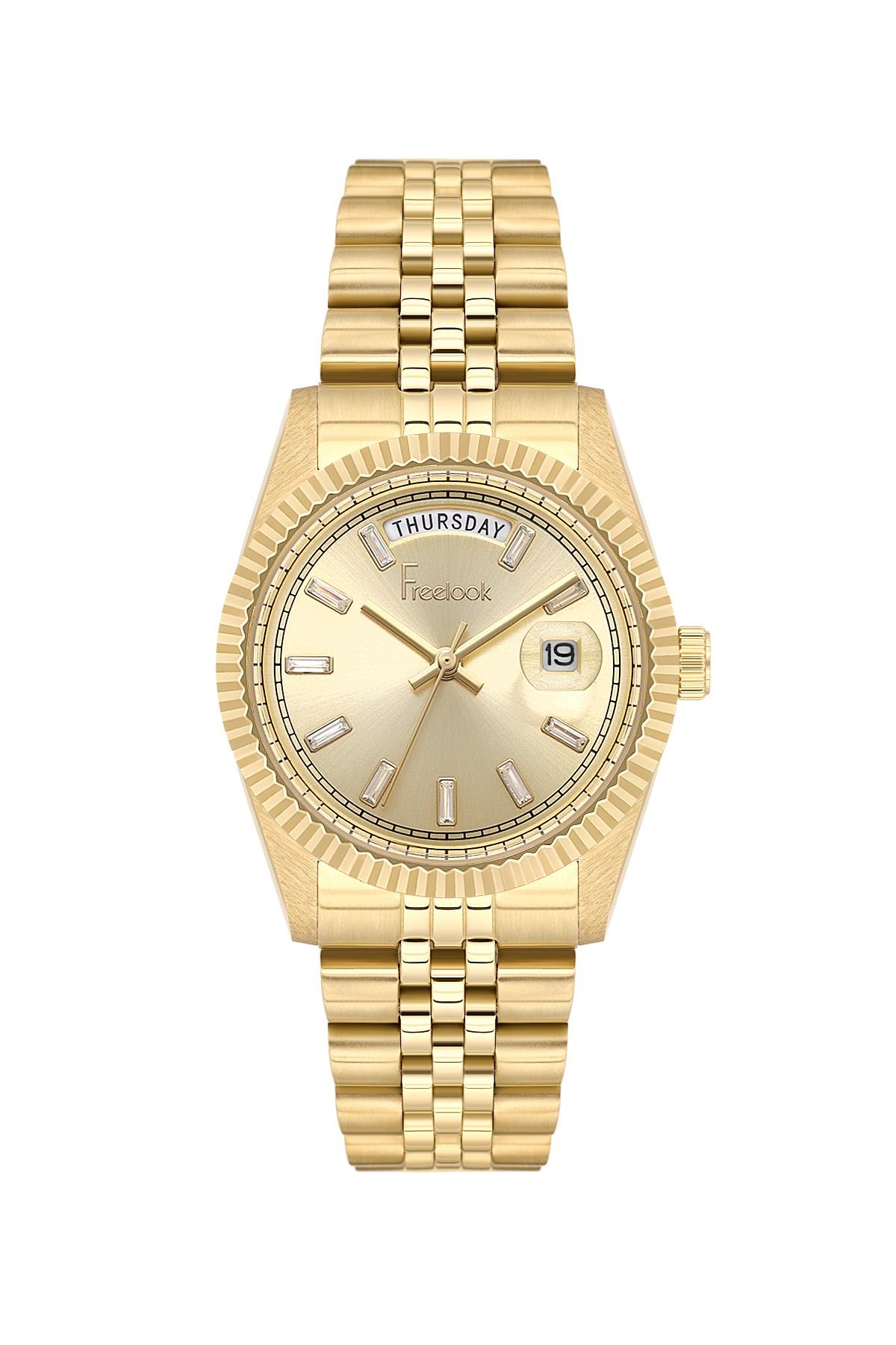Freelook Spor Büyük Kasa Çift Takvim Çelik Altın Gold Renk Kasa Kordon Kadın Kol saati FL.4.10021-3