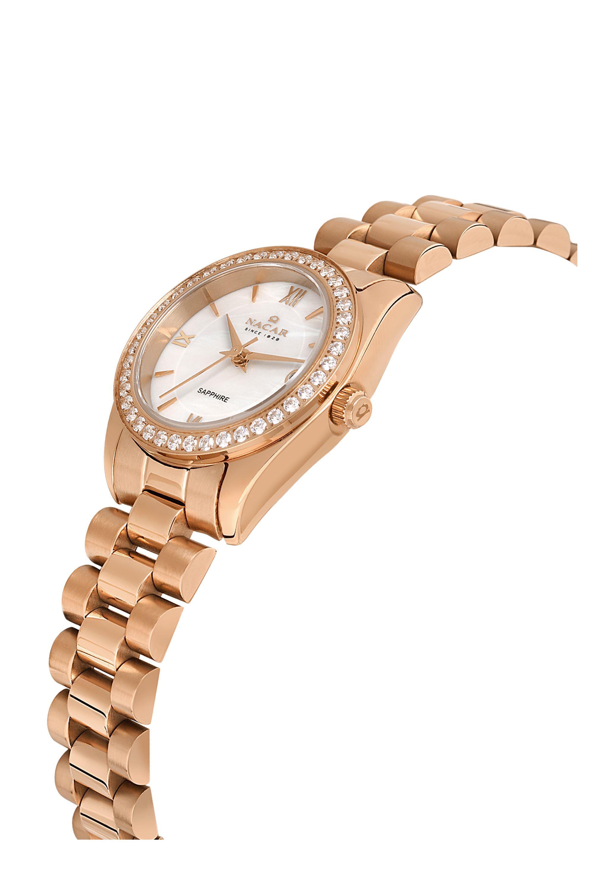 Nacar Çelik Metal Kordonlu Yuvarlak Taşlı Kasa Rose Gold Kadın Kol Saati NC34-39A427-RWMS