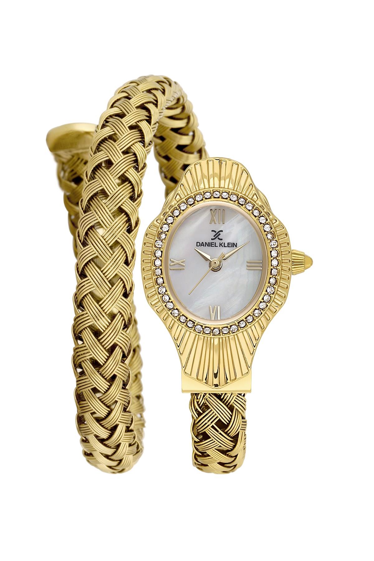 Daniel Klein Taşlı Gold Kasa Yılan Model Beyaz Kadran Örgülü Kordon Kadın Kol Saati DK.1.14121-3