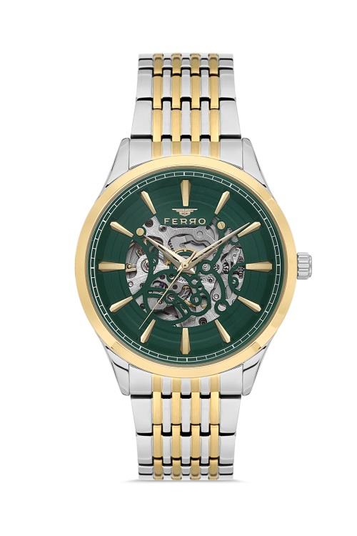 Ferro Otomatik Yeşil Kadran Çift Renk Metal Erkek Kol Saati