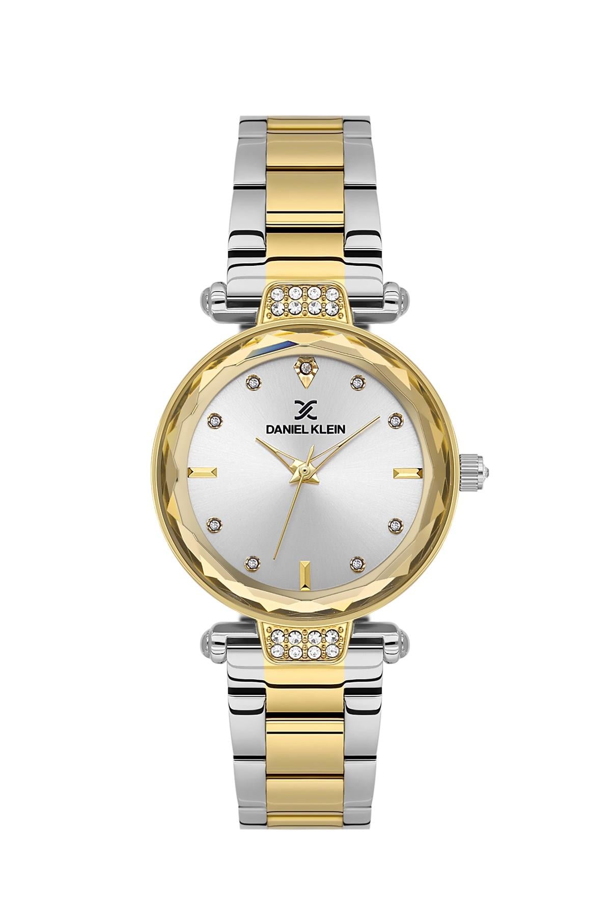 Daniel Klein Premium Yuvarlak Kasa Beyaz Taşlı Kadran Metal Gold Gümüş Renk Kadın Kol Saati DK.6.14132-3