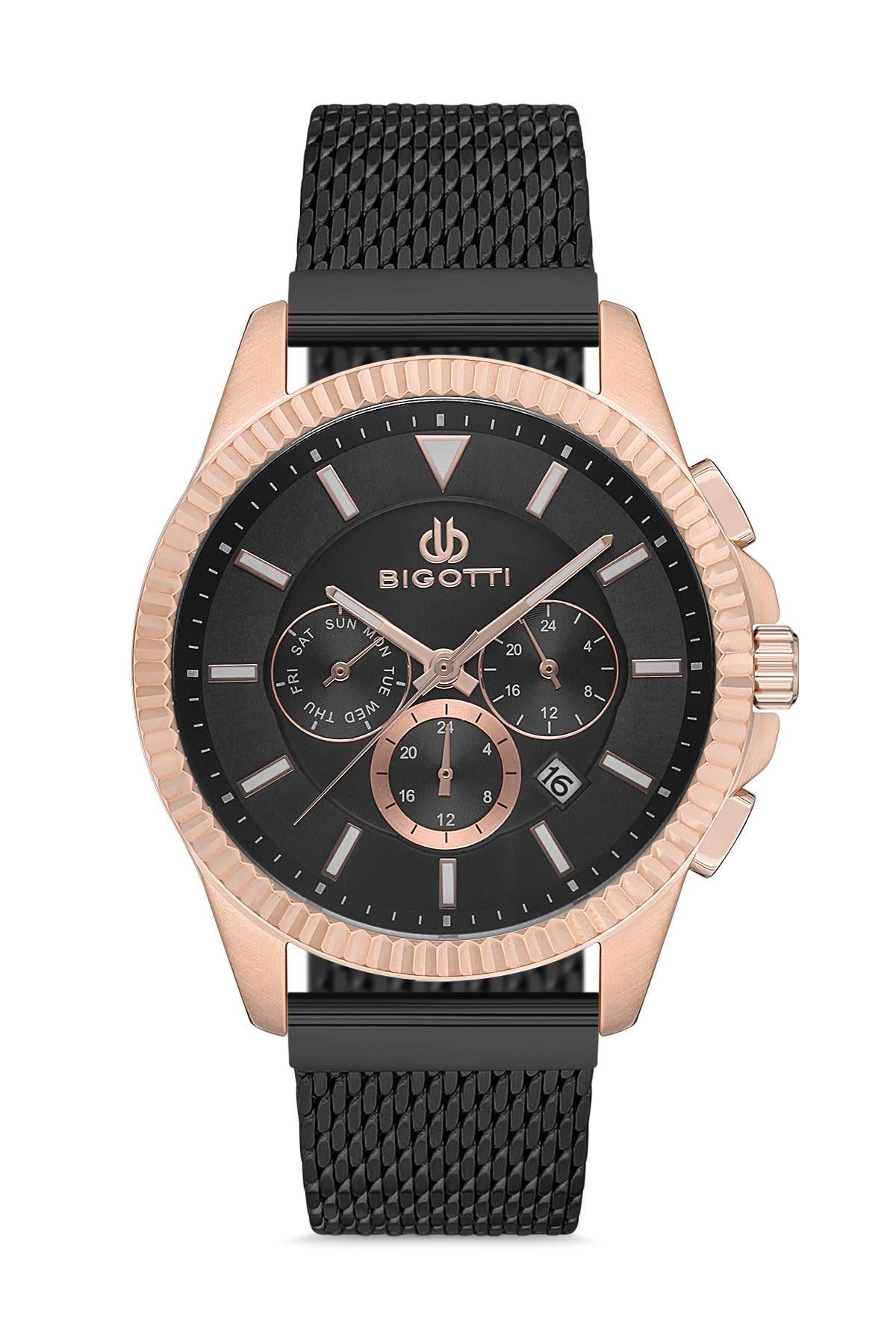 Bigotti Milano Spor Siyah Hasır Kordon Rose Gold Kasa Fonksiyonlu Siyah Kadran Erkek Kol Saati BG.1.10122.6