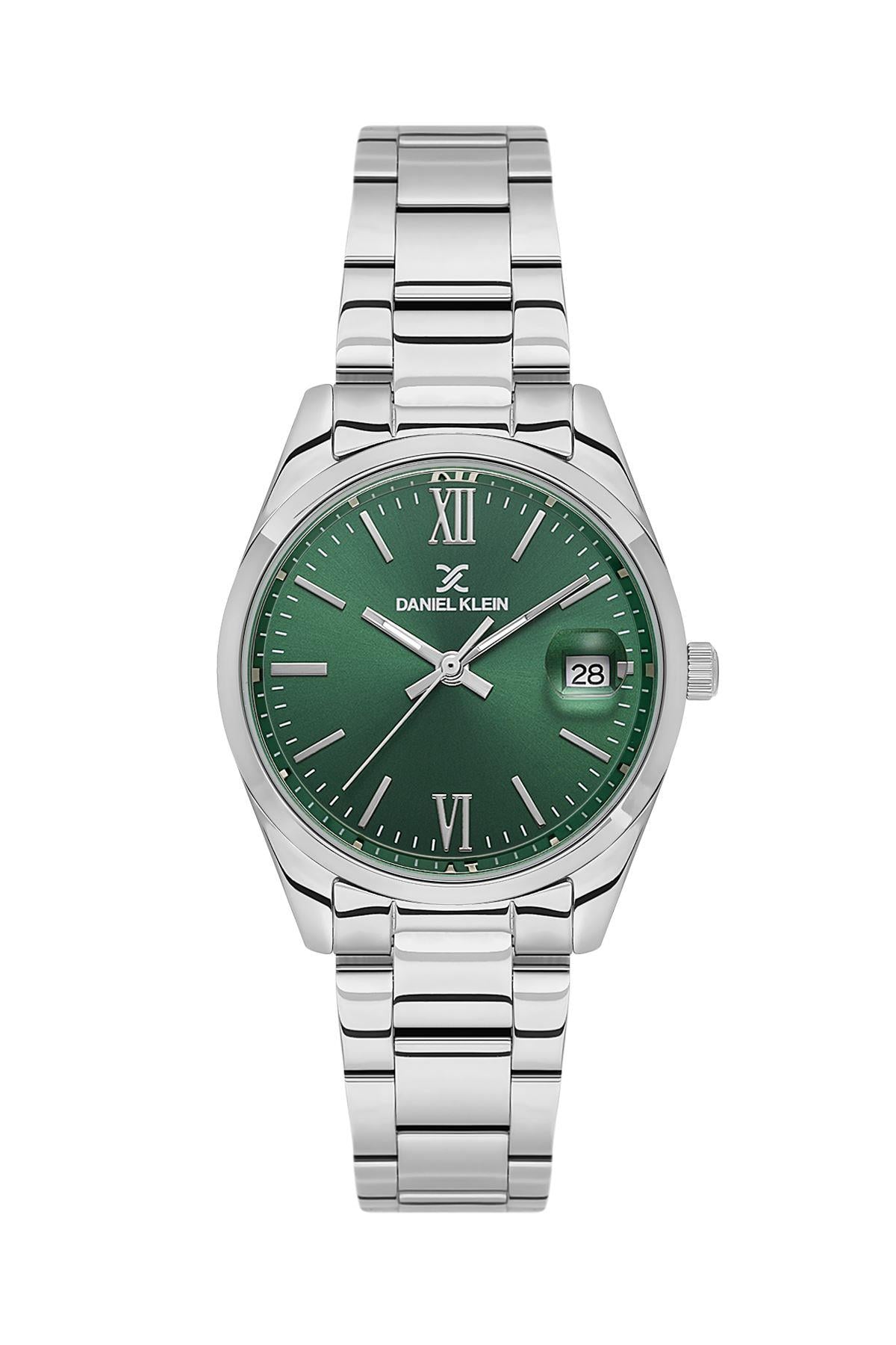 Daniel Klein Gümüş Renk Kasa Kordon Yeşil Kadran Takvimli Kadın Kol Saati DK.1.13763-3