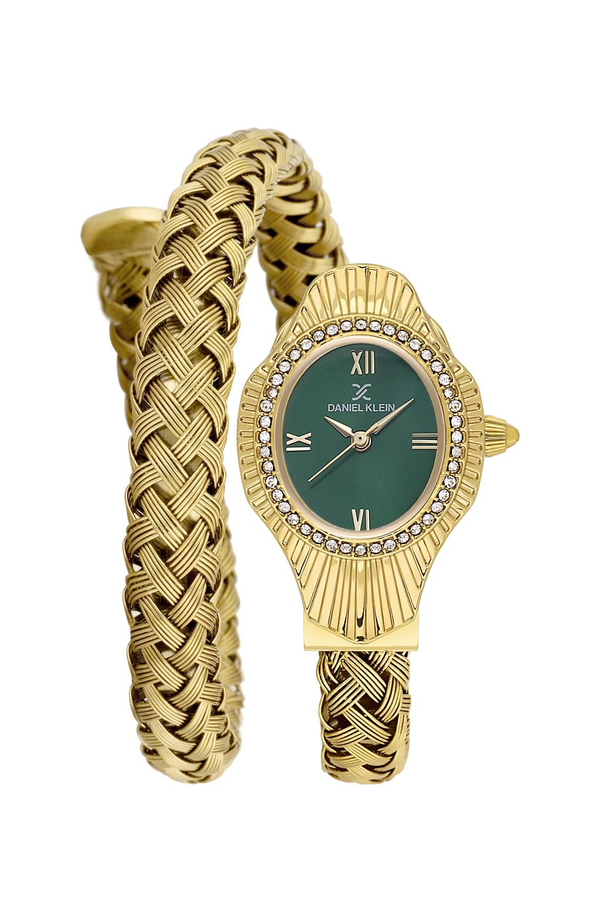 Daniel Klein Taşlı Gold Kasa Yılan Model Yeşil Kadran Örgülü Kordon Kadın Kol Saati DK.1.14121-4