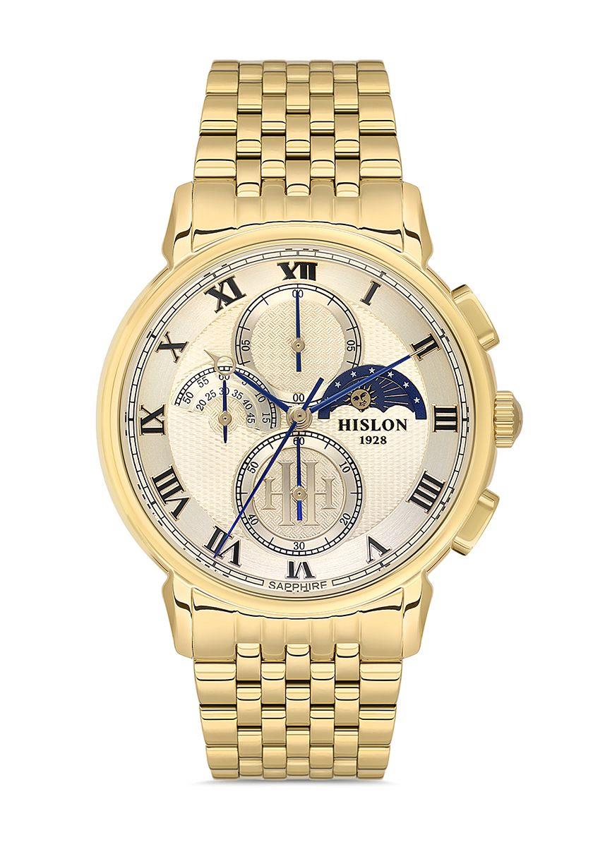 Hislon Çelik Metal Altın Gold Renk Safir Cam Kronometreli Spor Erkek Kol Saati TM143G-02SG