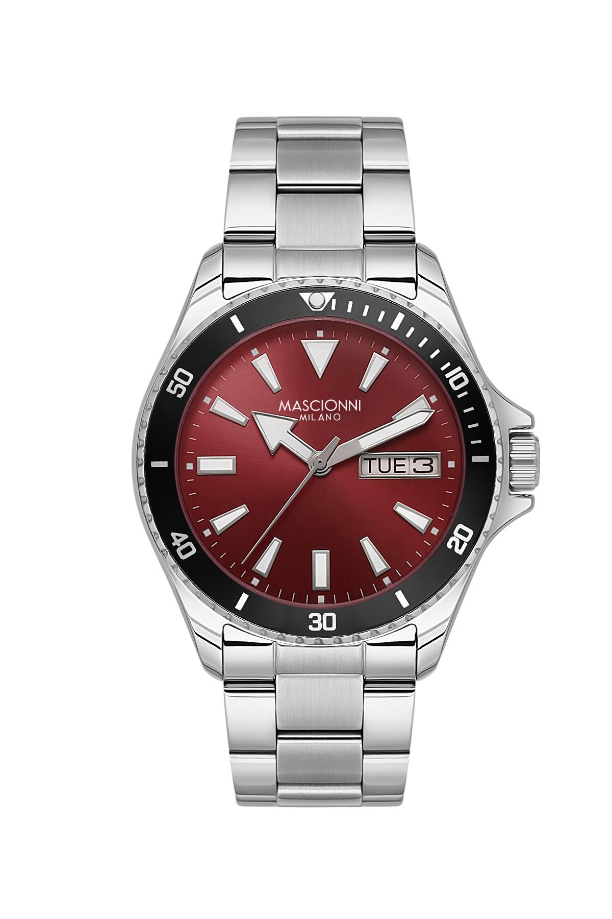 Mascionni Spor Kasa Kırmızı Kadran Gümüş Kordon Çift Takvimli Erkek Kol Saati M.1.2400.05