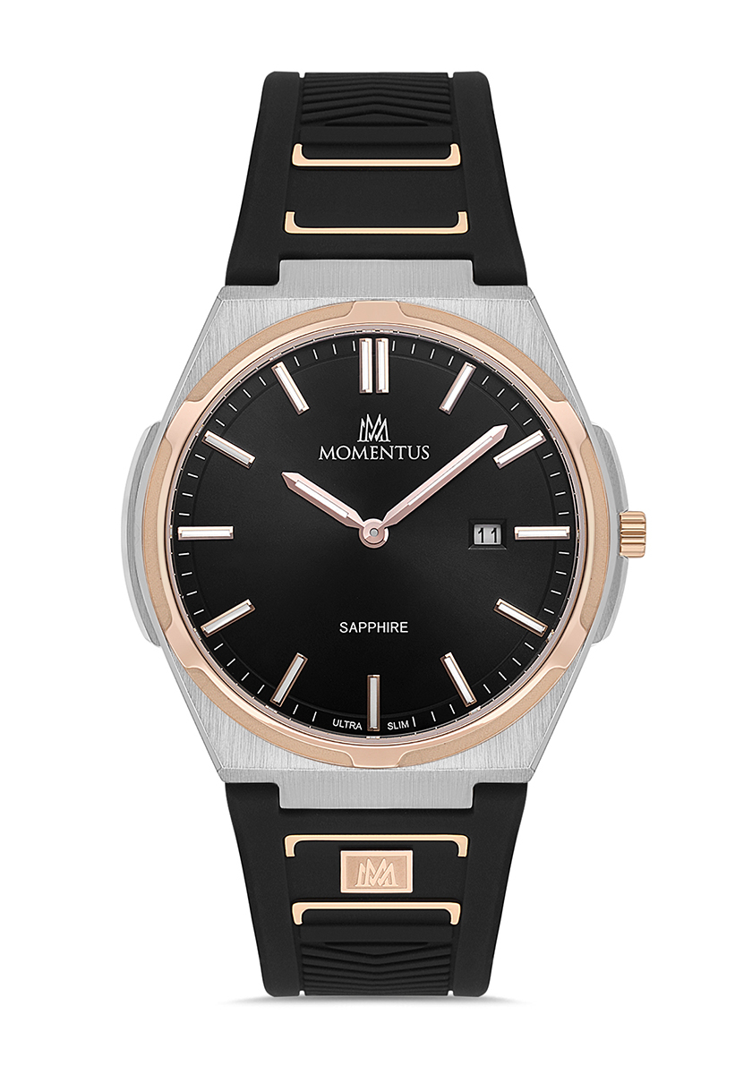 Momentus Siyah Silikon Kordon Ultra İnce Silim Kasa Klasik Erkek Kol Saati EM390T-04BR