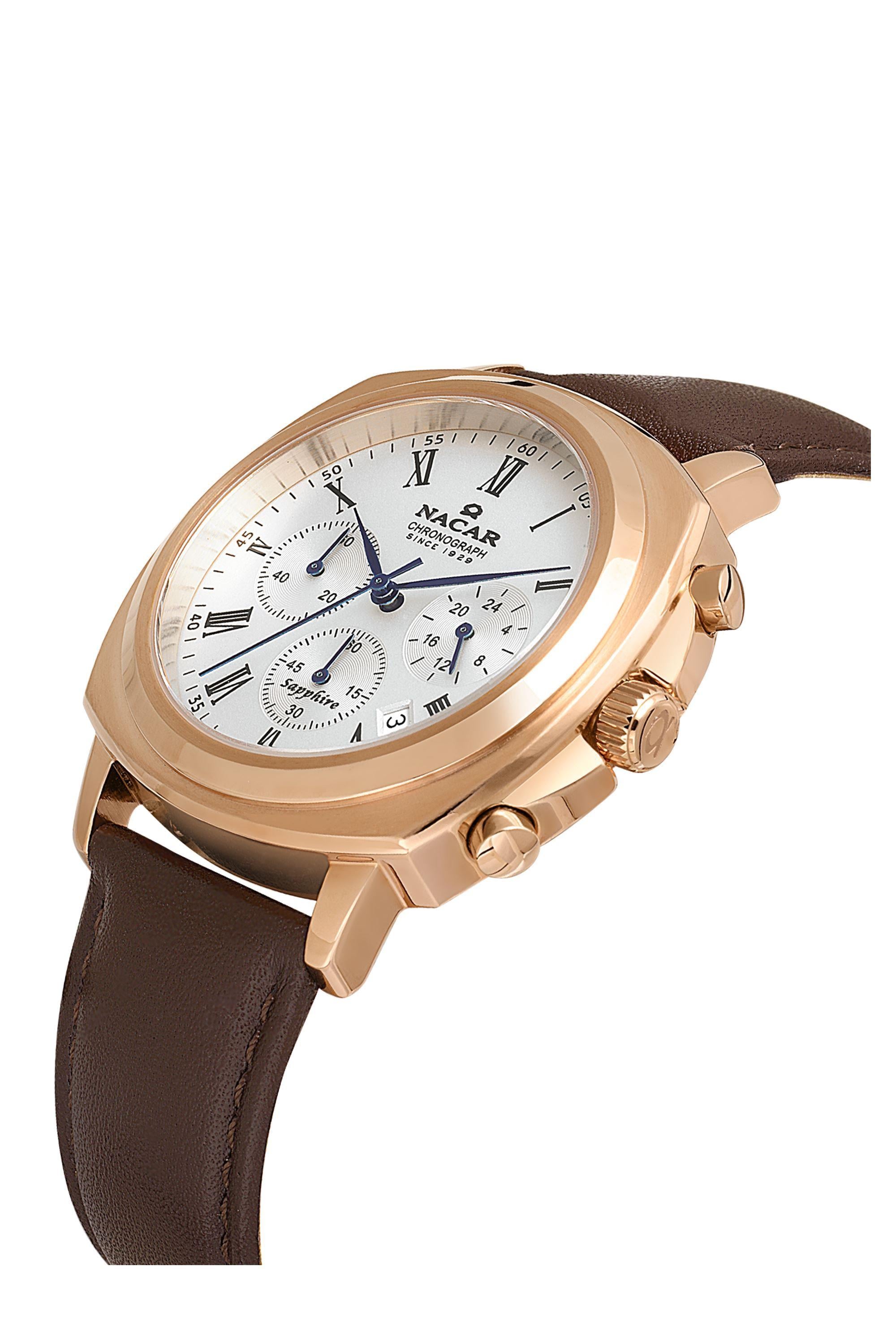 Nacar Çelik Rose Gold Kahverengi Deri Kordon Tasarımlı Kasa Erkek Kol Saati NC40-290498-RWL2