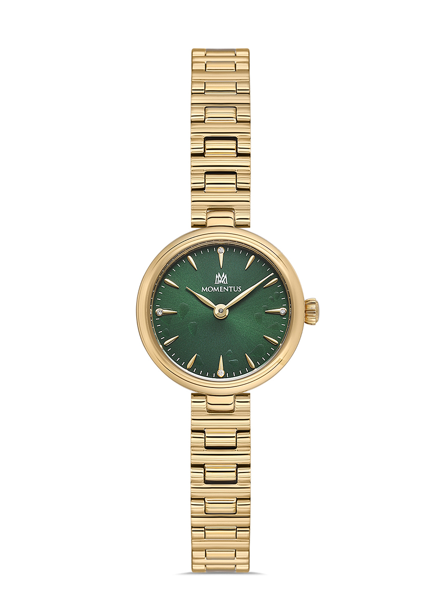 Momentus Metal Altın Gold Renk Yuvarlak Retro Klasik Yeşil Kadran Kadın Kol Saati CW313G-15SG