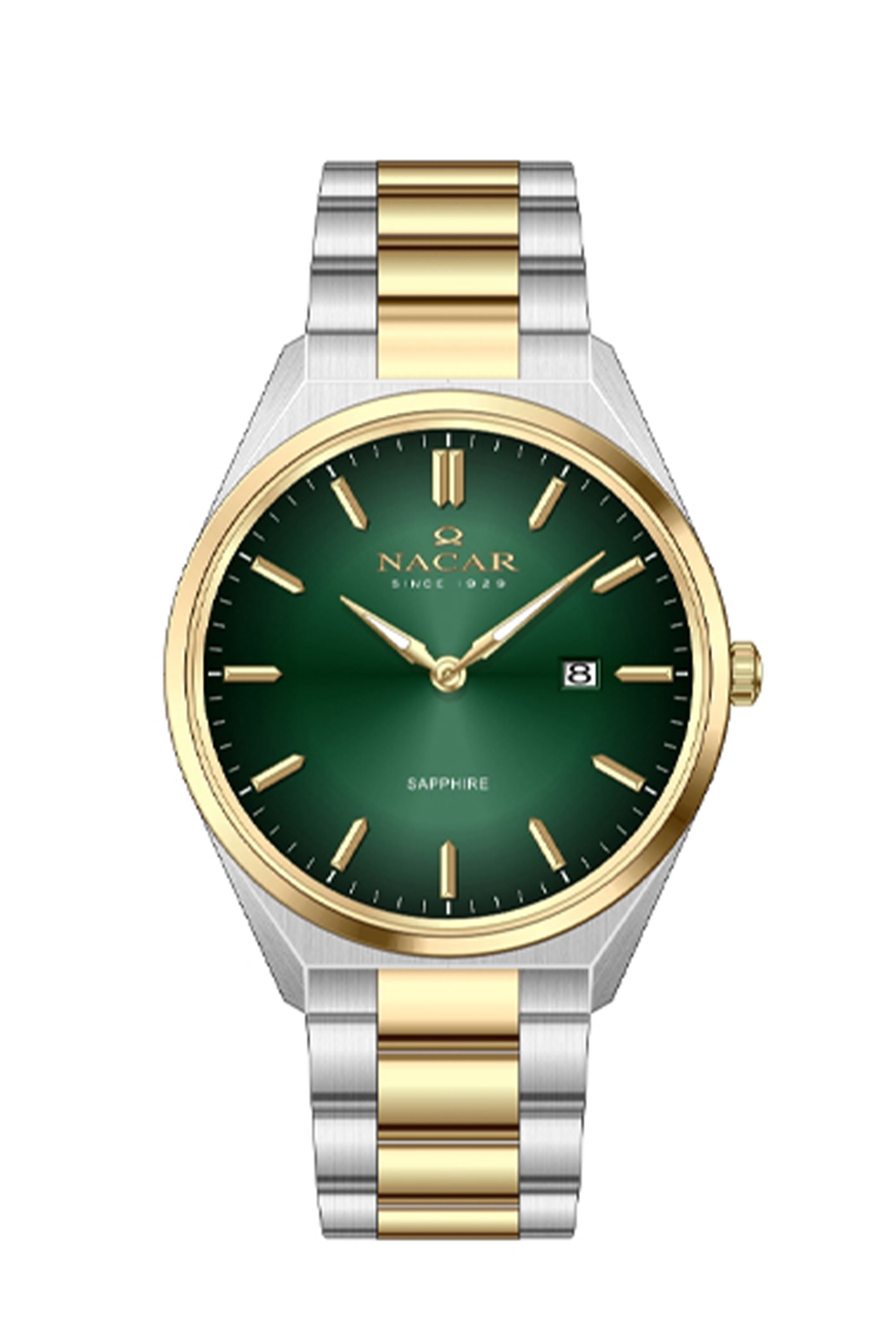 Nacar Çelik Ultra İnce Safir Cam Altın Gümüş Çift Renk Klasik Yeşil Kadran Takvimli Erkek Kol Saati NC08-29420737-CNM