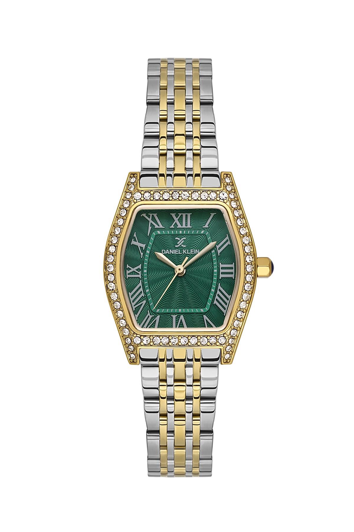 Daniel Klein Metal Kordon Kare Gold Taşlı Kasa Yeşil Kadran Çift Renk Kadın Kol Saati DK.1.14106-4