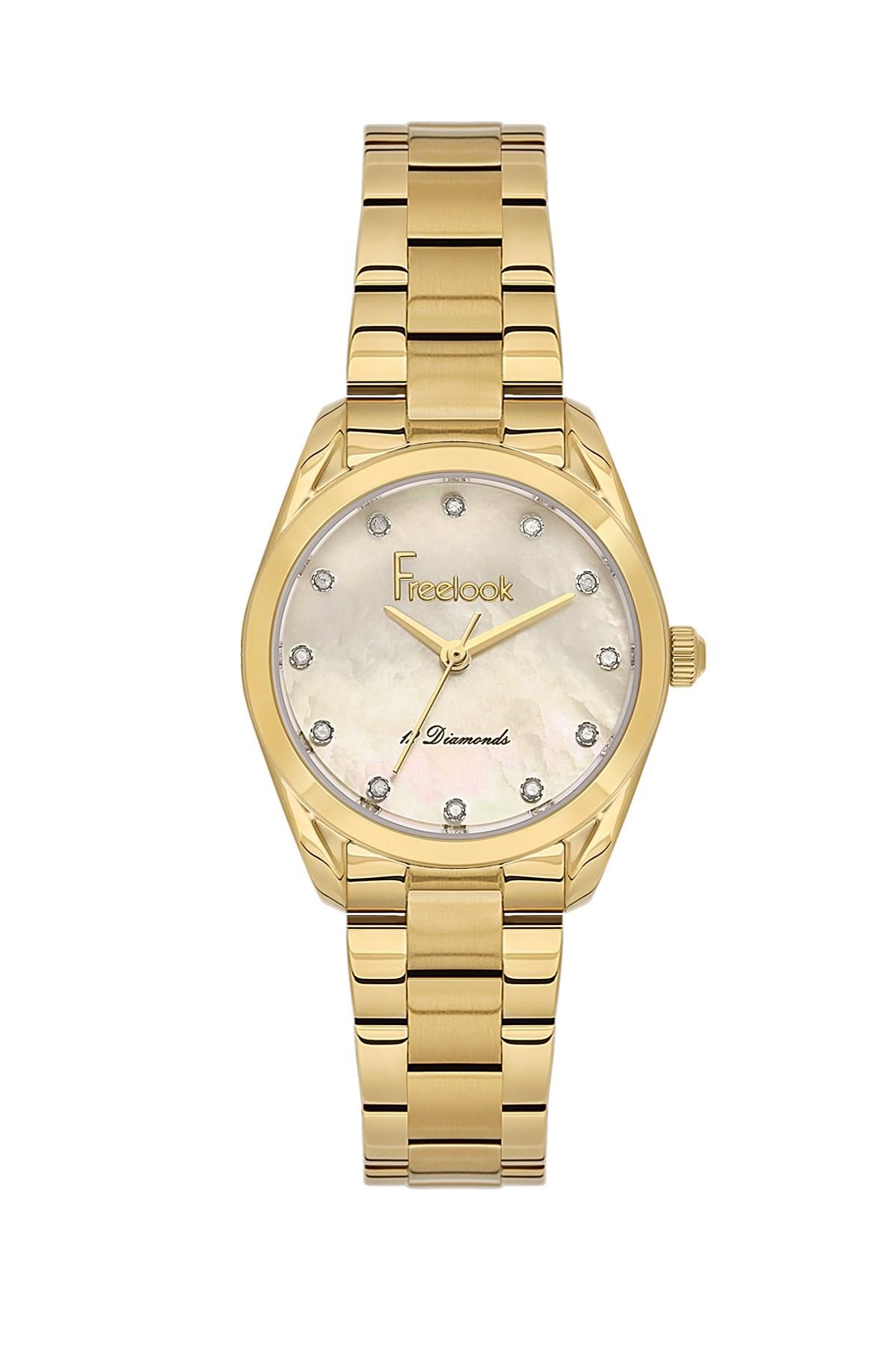 Freelook Yuvarlak Altın Gold Renk Dıamond Sertifikalı Taşlı Kadın Kol Saati  FL.1.10537-6